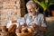 Satisfied man packing fresh baked goods