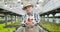 Satisfied mature Caucasian man in straw hat smiling and stretching basket with vegetables to camera. Confident