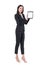 Satisfied smiling elegant business woman in suit showing and presenting tablet application.