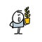 Satisfied stickman holds flower pot with a home plant in his hand.