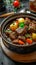 Satisfying meal Ceramic bowl filled with savory beef stew