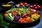 A satisfying plate filled with an assortment of fresh, crisp vegetables accompanied by a bowl of flavorful dressing, A vibrant
