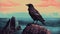 Saturated Color Field: Black Bird Illustration On Rock By The Ocean