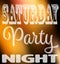 Saturday party night quote. Square card with label in different fonts on night city lights unfocused background