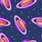 Saturn abstract seamless space pattern background with planets with rings. Solar system planets children wallpaper texture tile.