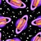 Saturn abstract seamless space pattern background with planets with rings. Solar system planets children wallpaper texture tile.