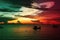 Saturn back on night cloud sunset sky silhouette boat on sea