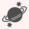 Saturn glyph icon. Planet with rings and stars around. Astronomy vector design concept, solid style pictogram on white