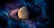 Saturn planet solar system with stars and surrounded by cosmic dust clouds. Science wallpaper.