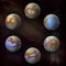 Saturn`s moon Titan, set of six at the galaxy stars background