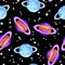 Saturn and Uranus abstract seamless space pattern background with planets with rings. Solar system planets children wallpaper