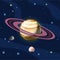 Saturn, vector cartoon illustration. Planet Saturn with rings, planet of Solar system in dark deep blue space, isolated