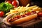 sauce dog fast food background american yellow sausage meat bread hot. Generative AI.