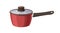 Sauce pan with long handle. Saucepan covered with glass lid. Kitchen ware for cooking. Cookware, deep pot with enamel