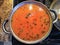 Saucepan with cooking borscht on kitchen stove