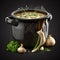 saucepan with delicious appetizing mushroom soup isolated on black, healthy homemade