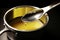 Saucepan and ladle with used cooking oil waste use. Generate Ai