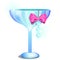 A saucer glass or ramekin of champagne decorated with a pendant or earring with artificial diamonds and pink ribbon bow