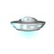 Saucer shaped flying craft. Futuristic extraterrestrial space ship. Detailed metallic or silver UFO with blue lights