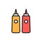 Sauces in bottles, ketchup, mustard, mayonnaise flat color line icon.