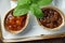 Sauces in bowls on a dark wooden background. menu for catering