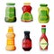 Sauces icons in glass jars and bottles. Cooking ingredients and condiment collection. Vector food cartoon illustration
