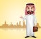 Saudi arab man vector character wearing thobe showing city landmark