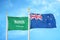 Saudi Arabia and New Zealand two flags on flagpoles and blue cloudy sky