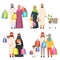 Saudi family. Market arabic male and female characters shiopping holding bags in hands vector characters