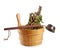 Sauna accessories - bucket with birch broom and ladle, isolated