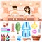 Sauna and bathhouse accessories. Vector flat icons set. Man and woman couple relaxing at the spa