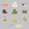 Sauna icons set, equipment and accessories. Broom leaf, towel and hot stones