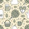 Sauna, steam bath room seamless pattern with line icons. Bathroom equipment birch, oak broom, bucket, beer, glove