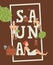 Sauna typographic poster, vector illustration. Letters in frame, people cartoon characters enjoying healthy leisure in