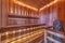 Sauna wooden heat room interior with light