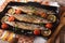 saury grilled with lemon and tomato on a grill pan close-up. horizontal