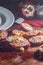 sausage with apricot, cheese and walnuts, Christmas concept, selective focus