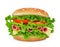 Sausage, lettuce, tomato, cheese on the sandwich with sesame see