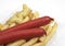 Sausage, Mustard and French Fries against White Background