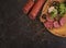 Sausage salami,  dinner     smoked    italian   culinary  product cuisine spices on concrete background