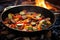 sausage slices sizzling in a campfire skillet