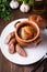 Sausage Yorkshire pudding in the baking pot on wooden background close up