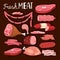 Sausages illustration. Fresh meat and boiled sausage, salami and chicken, raw sliced pork tenderloin and cooked ham for