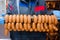 Sausages. Packing line of sausage. Industrial manufacture of sausage products.