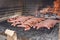 Sausages roasting on the barbecue, in spring, with friends picnic