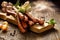 Sausages on a wooden rustic table with addition of fresh aromatic herbs and spices, natural product from organic farm, produced b