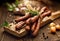 Sausages on a wooden rustic table with addition of fresh aromatic herbs and spices, natural product from organic farm, produced b