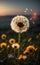 Savanna\\\'s Sunset Glow: Blooming Dandelions in the Twilight