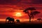 Savanna spectacle Elephants gracefully graze beneath the vibrant African sunset