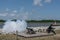 Savannah, Georgia - April 14, 2018: A reenactor fires the cannon daily at Old Fort Jackson